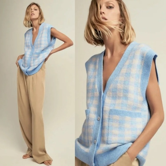 ZARA BLOGGER’S Favourite PLAID CHECK KNIT VEST With RHINESTONE BUTTONS S - Picture 1 of 16